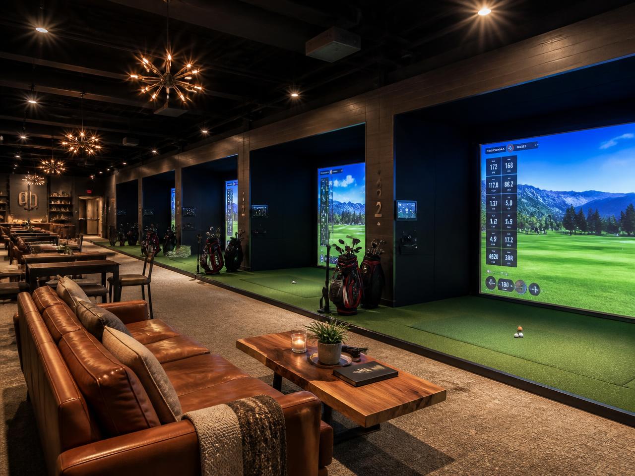 Commercial indoor golf facility with multiple simulator bays